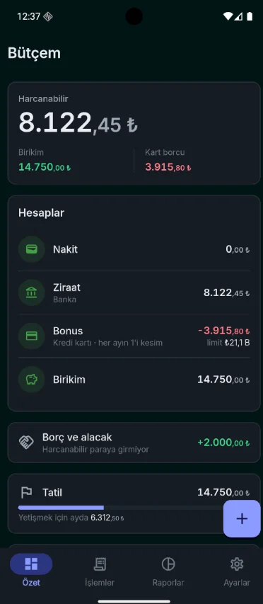 Özet — harcanabilir bakiye ve hesaplar